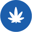 blue circle with graphic outline of hemp marijuana leaf